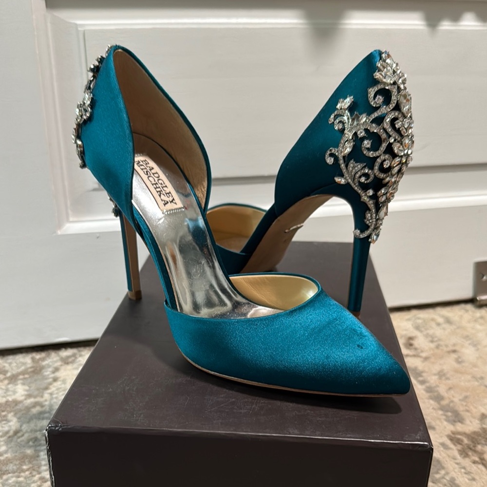 Badgley Mischka Blue Satin Heels with Decorative Detailing